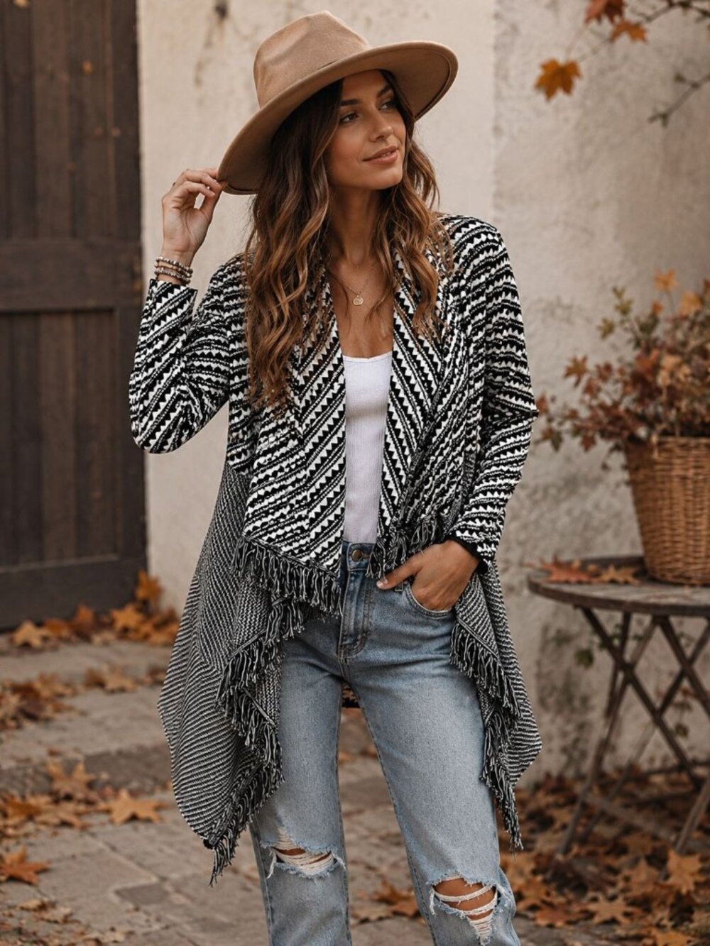 Norm Thompson Black & White Fringe Open-Front Cardigan Sweater Medium Chevron
